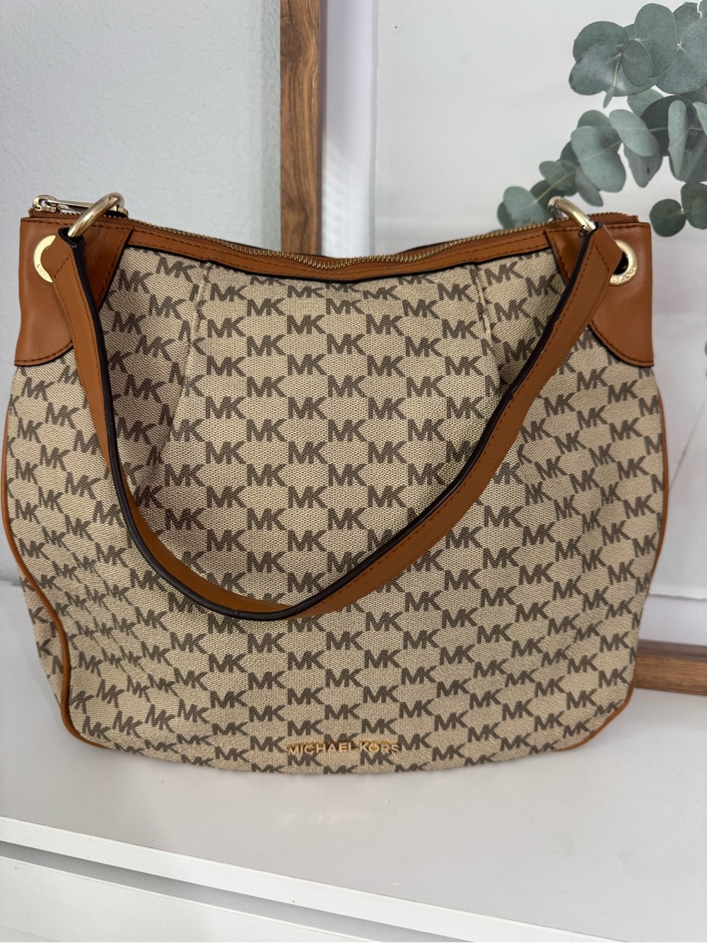 Michael Kors MK Signature Monogram Brown Shoulder Hobo Bag